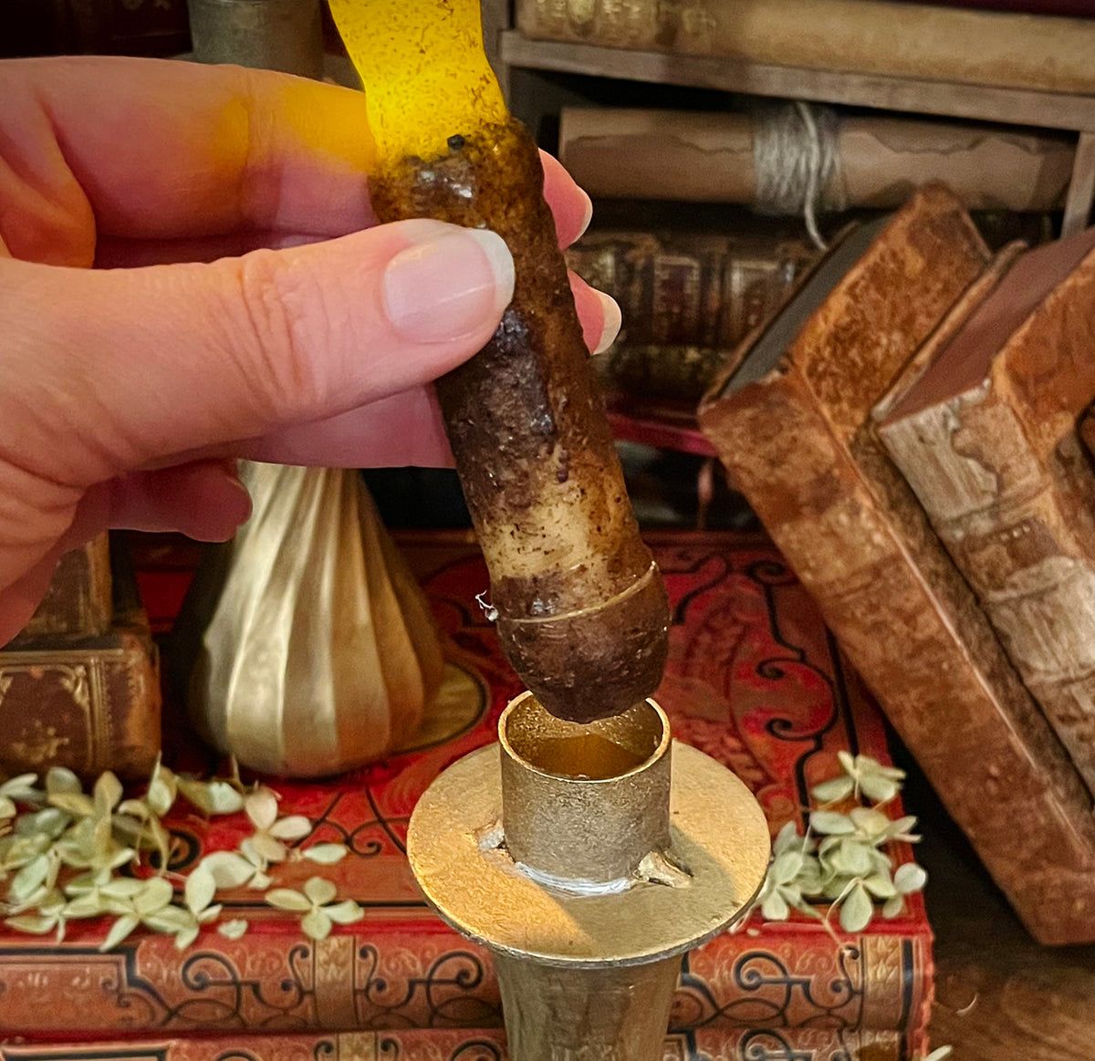 Dark Academia Gold Candlestick with Flickering Wax Candle, Battery-Operated