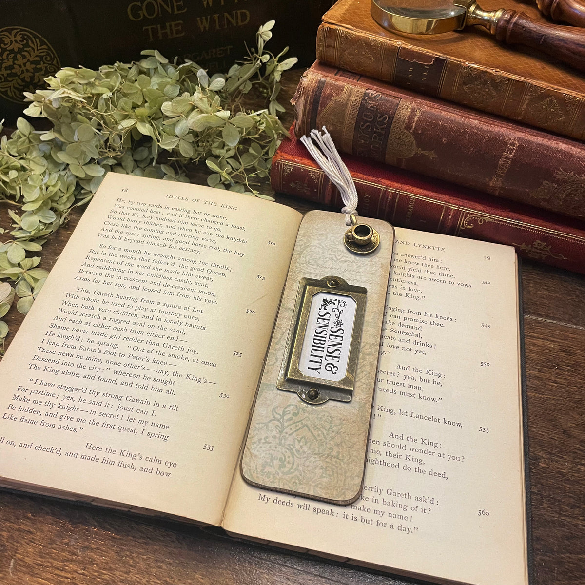 Sense and Sensibility Bookmark: Handmade Wood Bookmark with Tassel and Charm