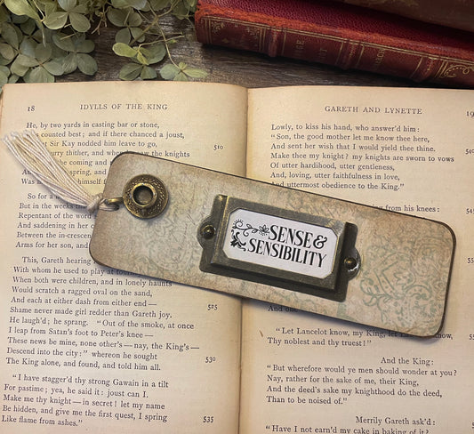 Sense and Sensibility Bookmark: Handmade Wood Bookmark with Tassel and Charm