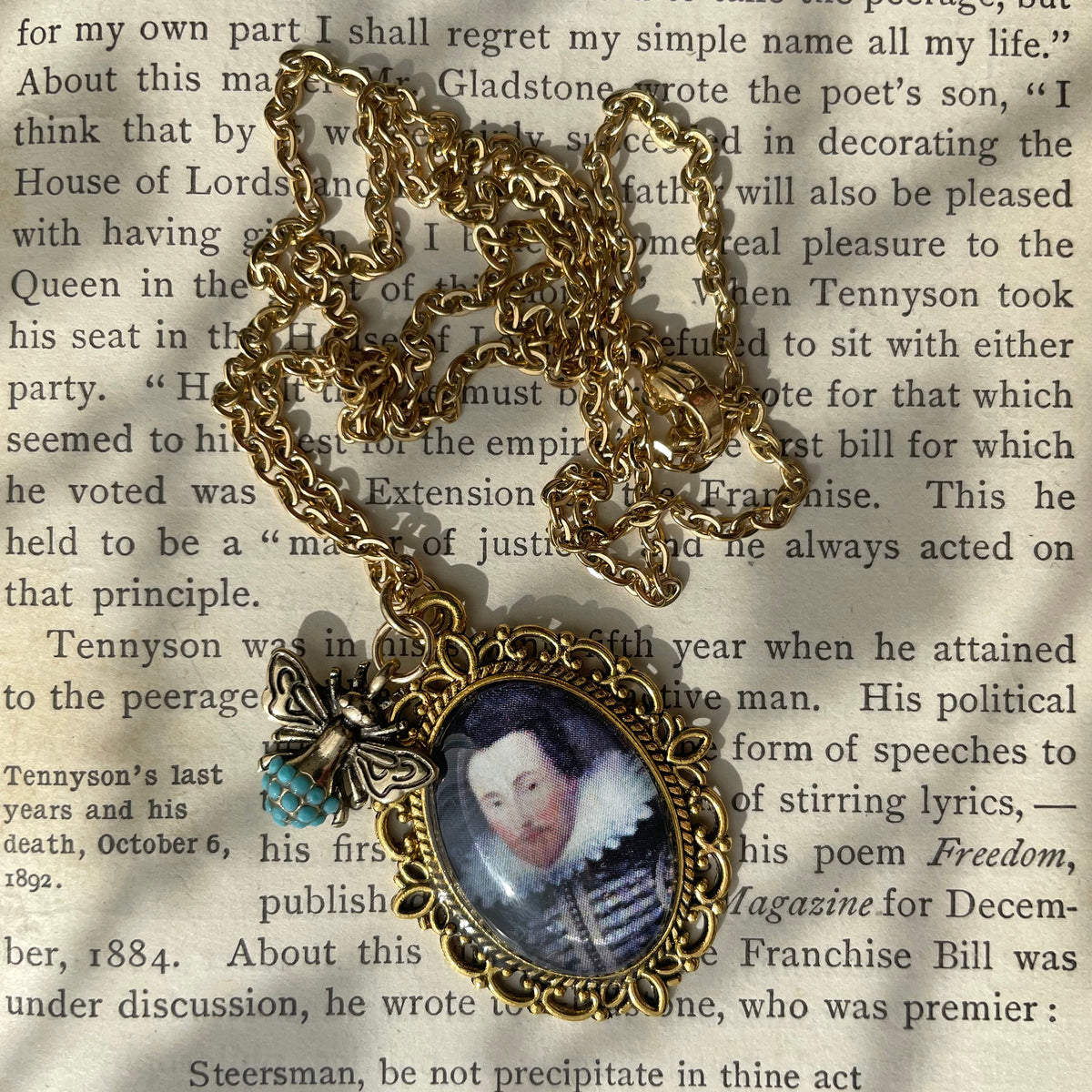 Shakespeare Pendant Necklace, Gold Necklace, Portrait Necklace, 20” gold chain