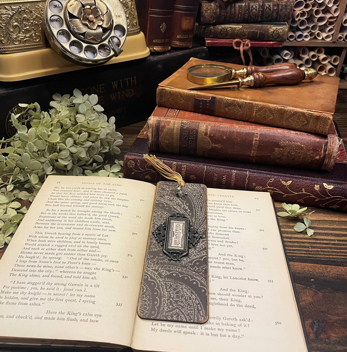 Shakespeare Bookmark: Handmade Wood Bookmark with Tassel and Charm