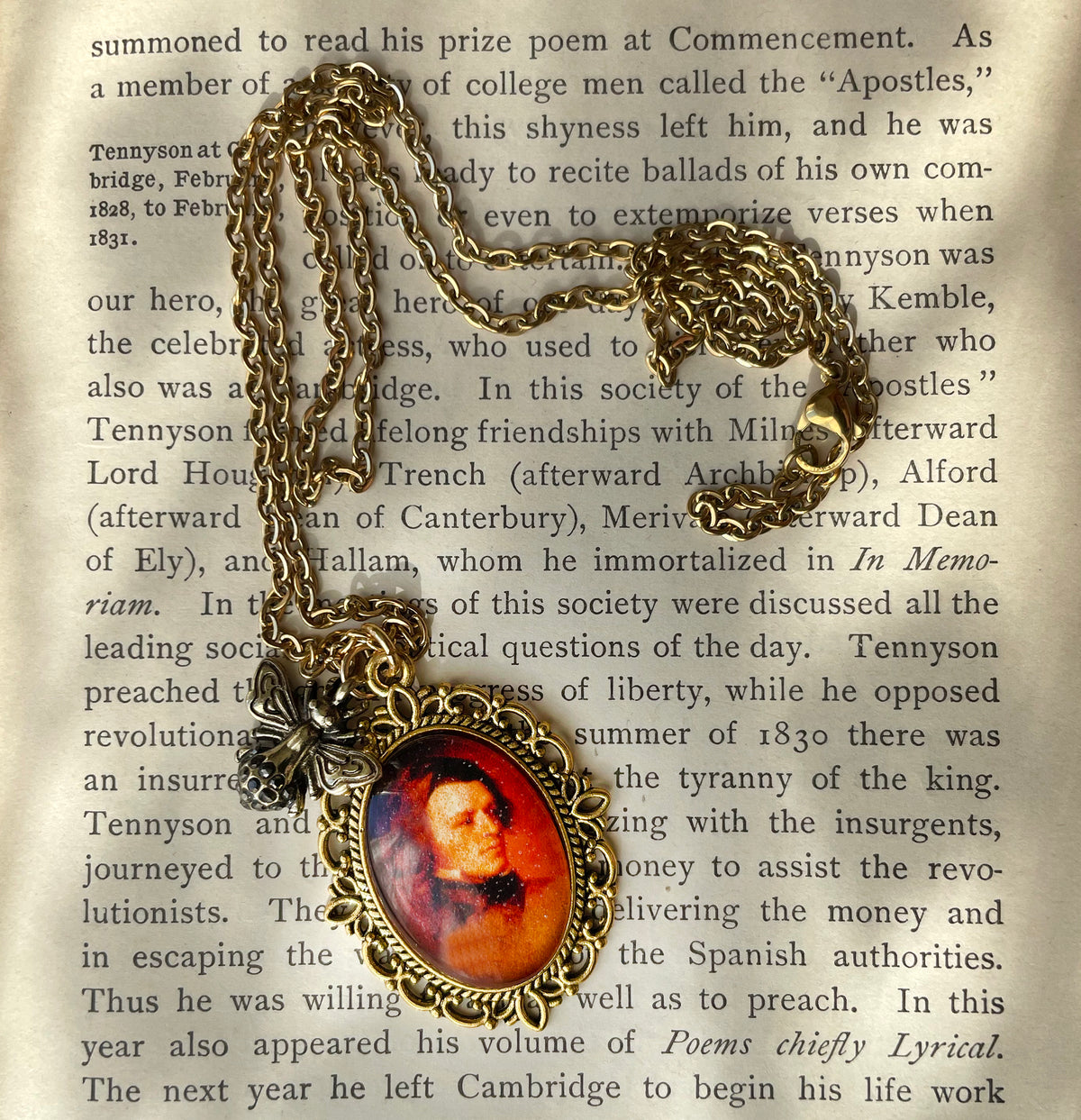 Alfred, Lord Tennyson Pendant Necklace, Gold Necklace, Portrait Necklace, 20” gold chain