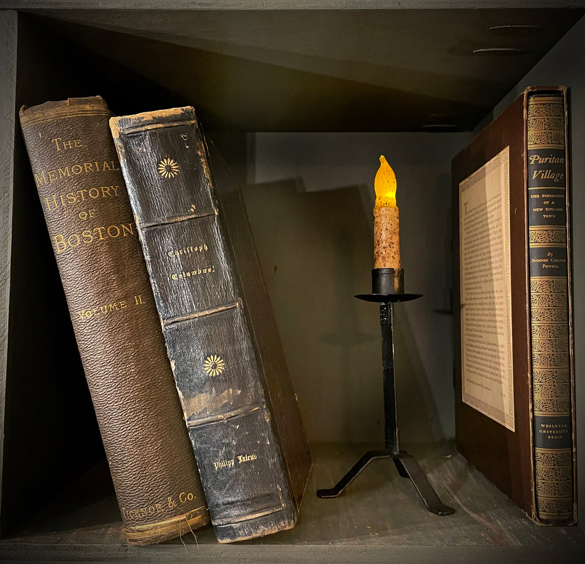 Old-World Black Iron Three-Legged Candle Stand with Flickering Wax Candle, Battery-Operated