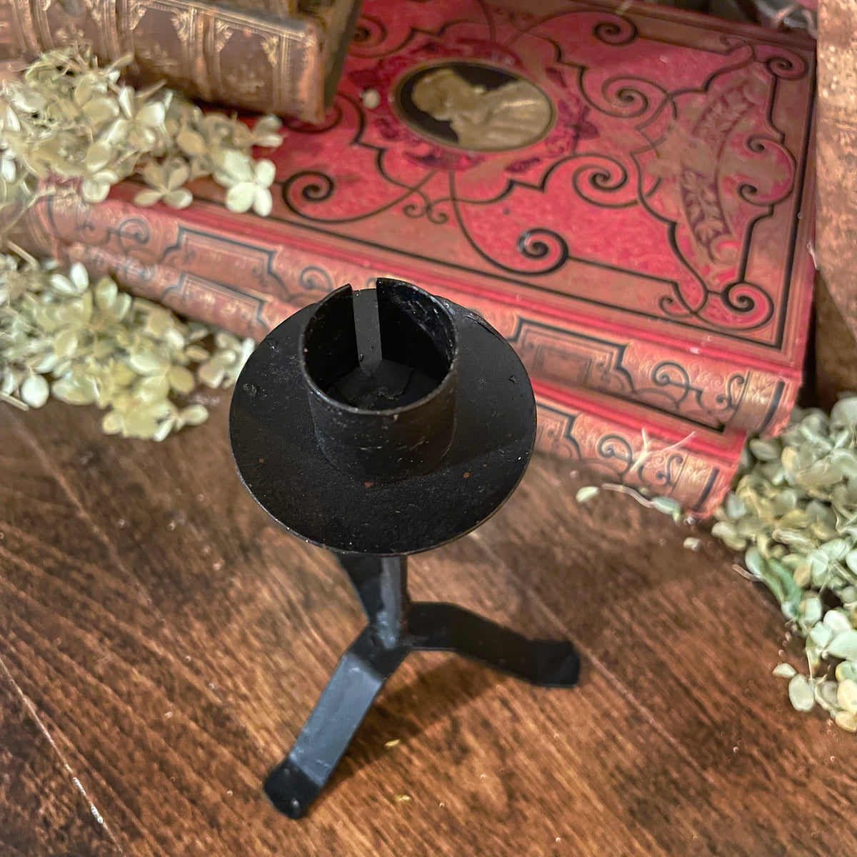 Old-World Black Iron Three-Legged Candle Stand with Flickering Wax Candle, Battery-Operated