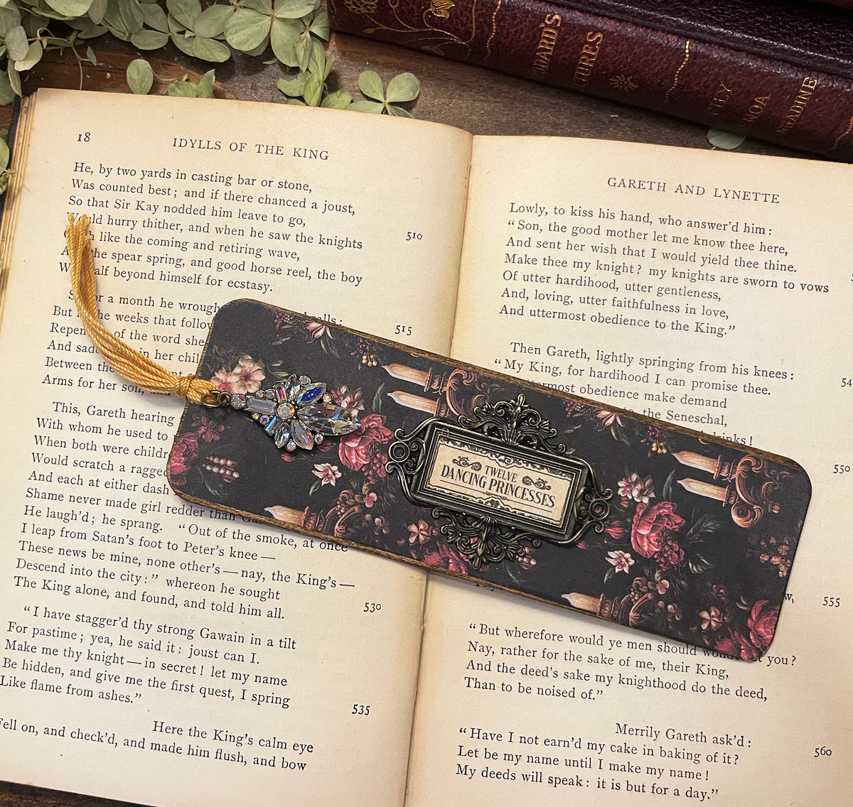 The Twelve Dancing Princesses Bookmark: Handmade Wood Bookmark with Tassel and Charm