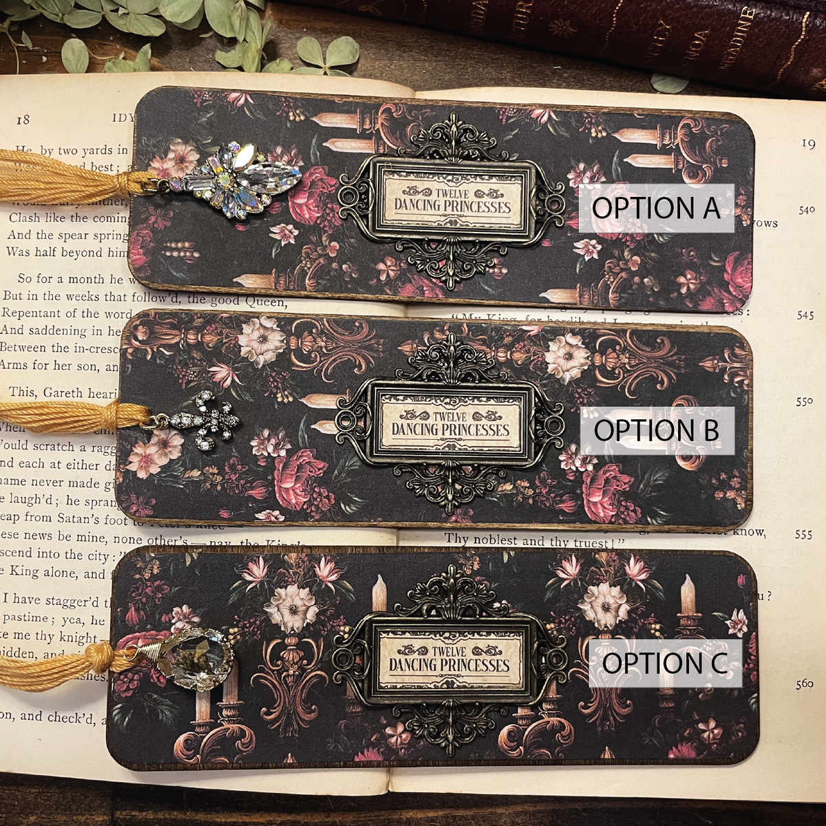 The Twelve Dancing Princesses Bookmark: Handmade Wood Bookmark with Tassel and Charm