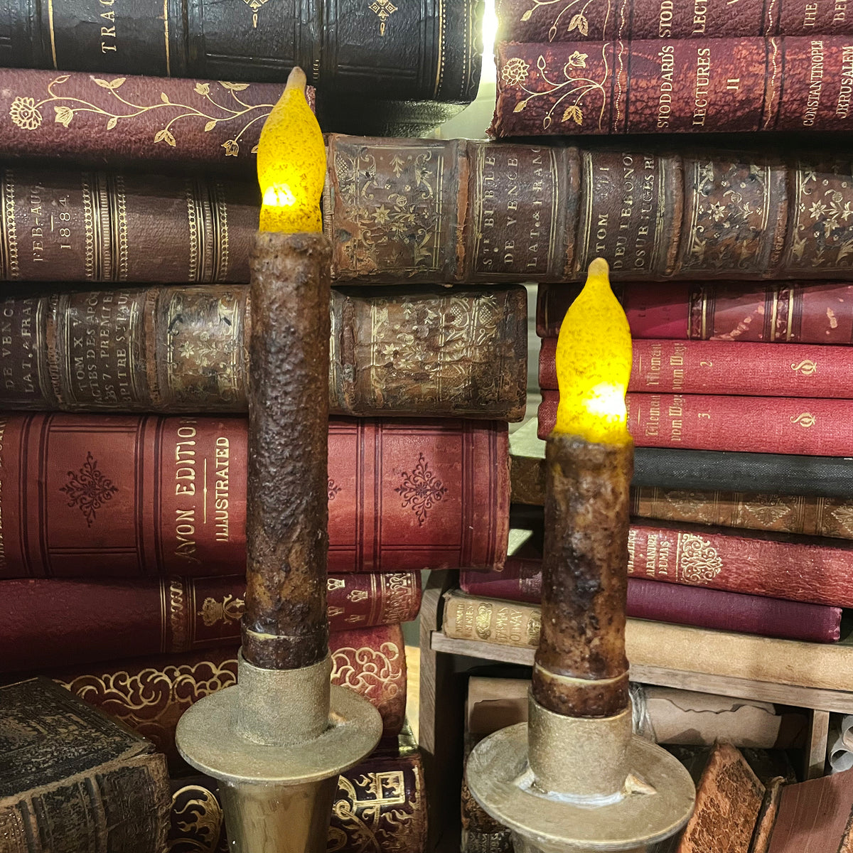 Antique Gold Candlestick with Flickering Wax Candle, Battery-Operated