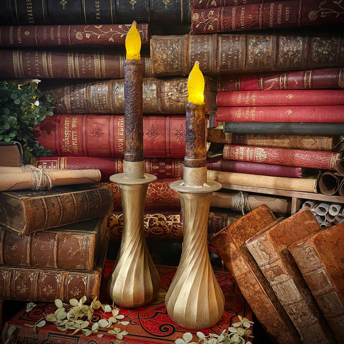 Antique Gold Candlestick with Flickering Wax Candle, Battery-Operated