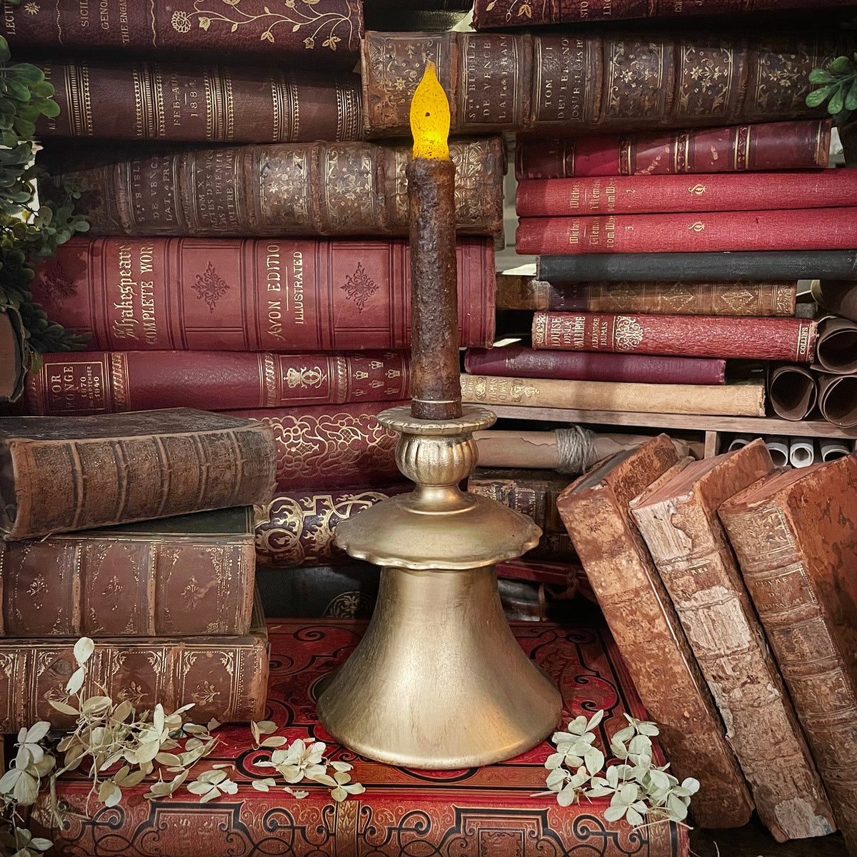 Dark Academia Gold Candlestick with Flickering Wax Candle, Battery-Operated