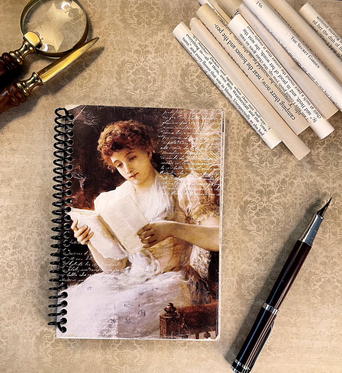 Reading Journal (“A Portrait of a Lady Reading a Book” by William Oliver II), handmade journal featuring book pages from classic titles