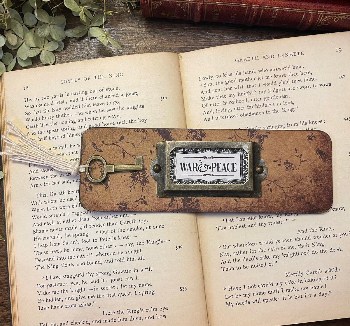 War and Peace Bookmark: Handmade Wood Bookmark with Tassel and Charm
